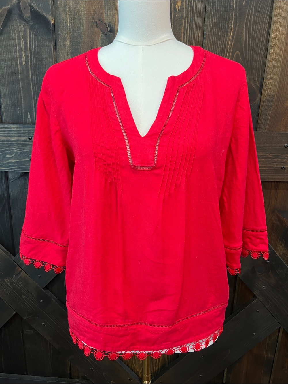 Lauren Ralph Lauren Red Linen Peasant Blouse S Eyelet‎ Lace Boho Resortwear